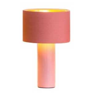 A bright pink modern table lamp with a cylindrical base and a cylindrical lampshade, shown on a white background.