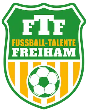 The crest of Fußball-Talente Freiham featuring a green and yellow design with a soccer ball at the bottom. This image is paired with a testimonial highlighting the successful organisation of six tournaments in one day using CoachingArea, even under weak internet conditions. Special mention is given to a unique feature that awards an extra point for scoring three goals, incentivising attacking play.