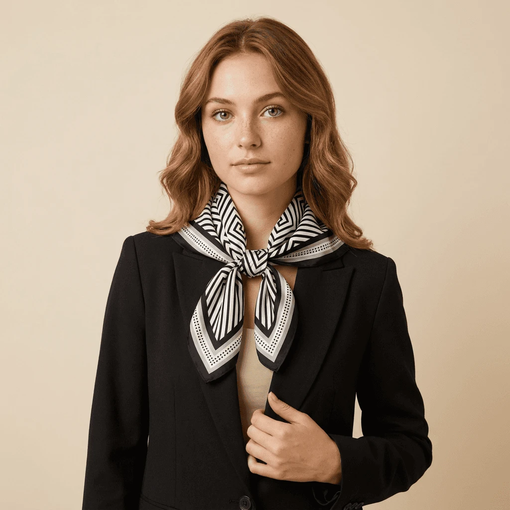 Labrinyth, carré de soie au motif géométrique noir et blanc, noué au cou sur une veste noire.