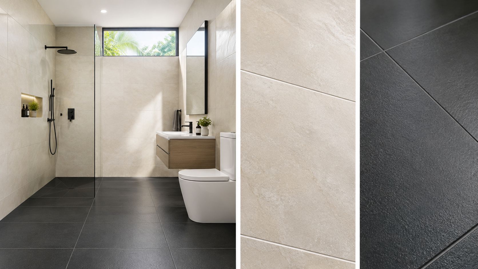 A modern bathroom renovation in Chennai featuring beige wall tiles, dark grey floor tiles, and black fixtures.