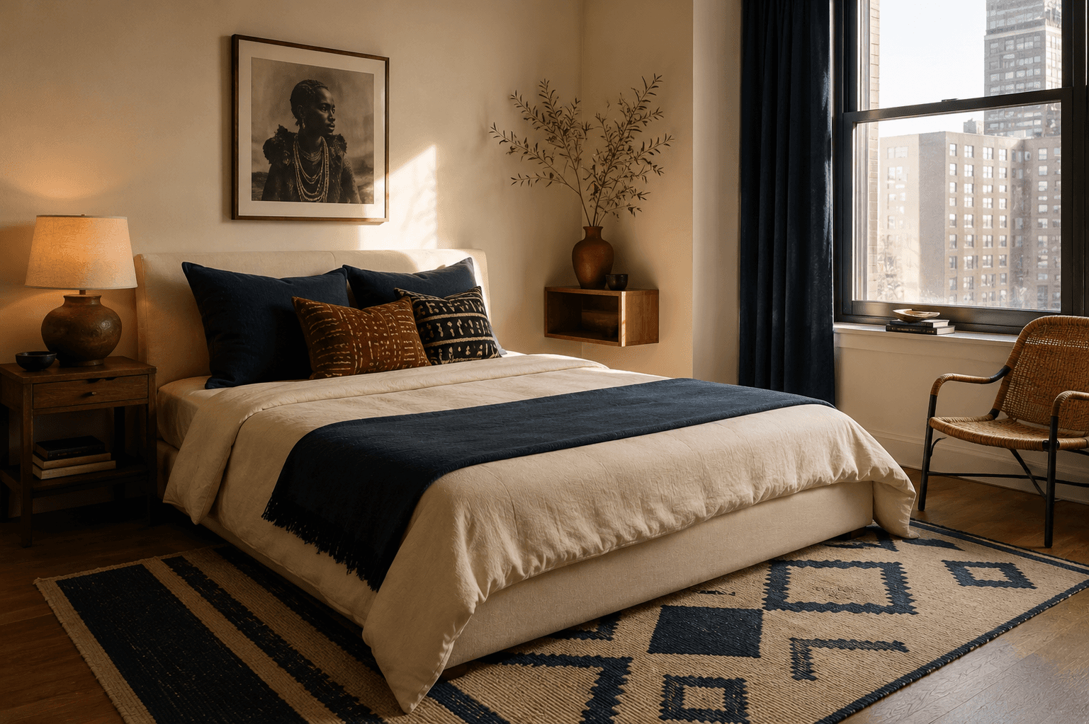 Afrohemian bedroom with cream upholstered bed, indigo accents, geometric rug, rattan chair, and warm natural light in a modern apartment.