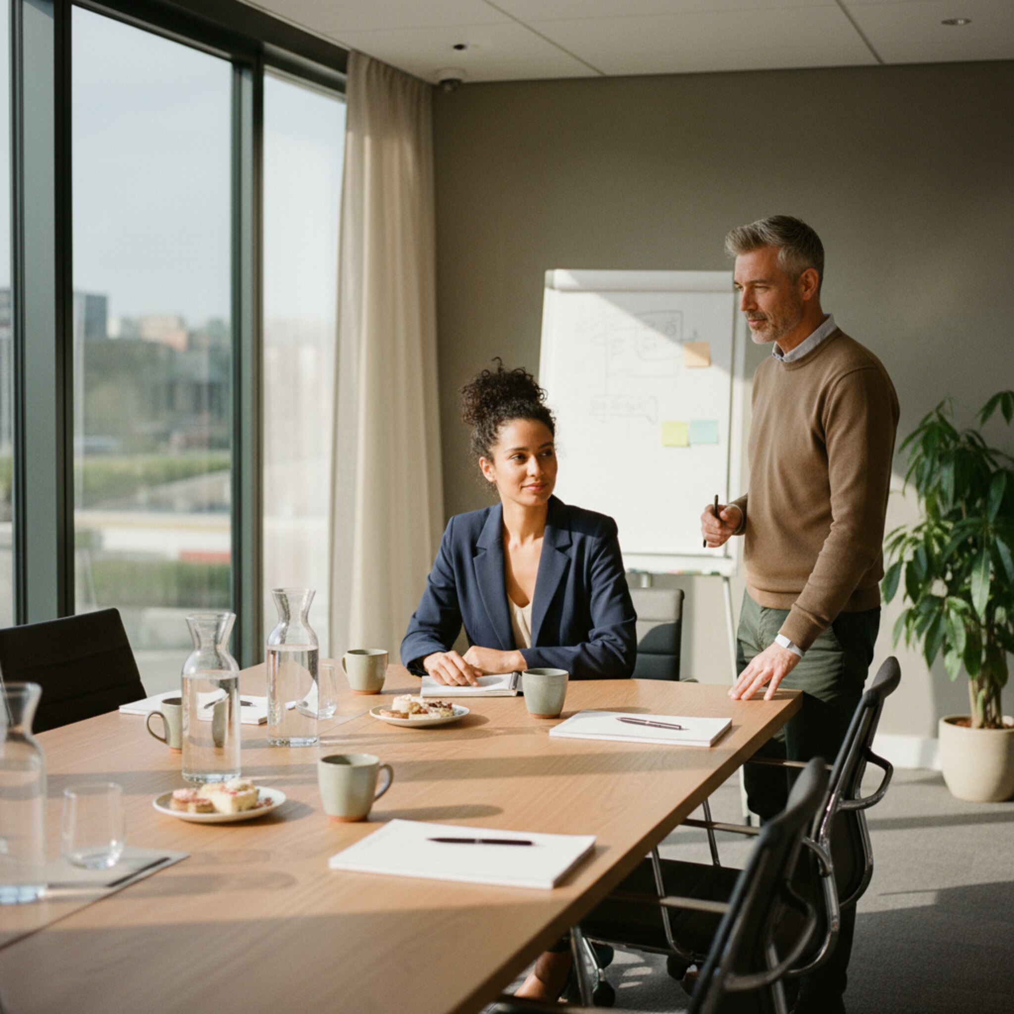 Ein moderner Konferenzraum mit großer Fensterfront, in dem die Nachmittagssonne den Holztisch warm beleuchtet. Wasserkrüge, Tassen und dezentes Catering stehen bereit, Stifte liegen geordnet neben Notizblöcken. Zwei Personen stimmen letzte Details ab, ein Flipchart trägt klare Skizzen. Die Stimmung ist konzentriert und bereit für den Start.