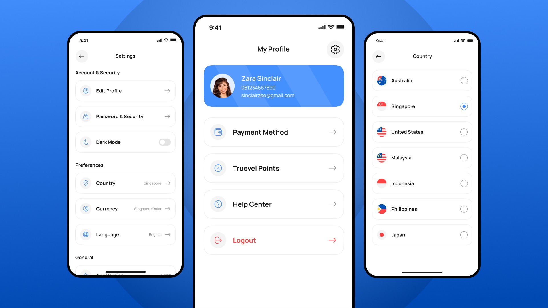 The Profile and Settings UI utilizes a clean, card-based layout to organize personal data and app preferences. Clear iconography and logical grouping ensure a seamless user management experience.