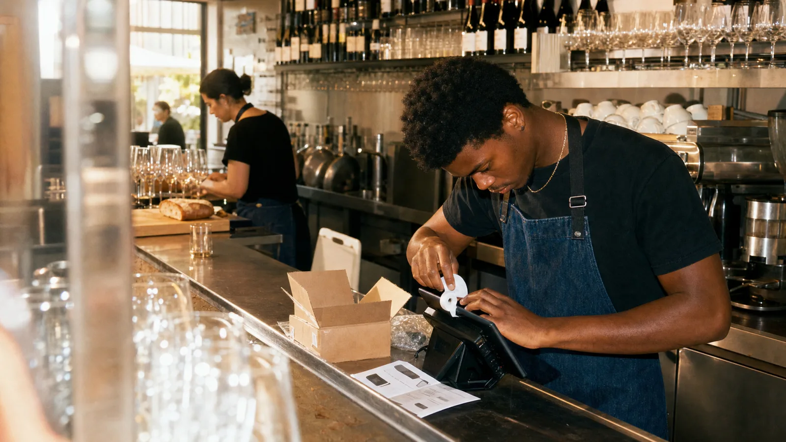 Cameriere infila il rotolo di carta in un nuovo registratore telematico al bancone del wine bar