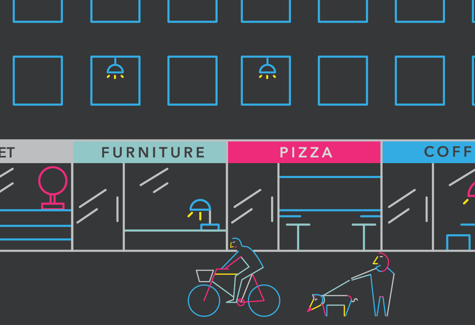 A dark gray background displays a grid of empty square shapes. Below, a light gray bar separates four sections labeled “FURNITURE,” “PIZZA,” “COFFEE,” and “TET.” Each section contains simple line drawings of furniture and objects: a lamp, stool, table, and chair. Below, two colorful line drawings of a person riding a bicycle and a dog on a leash are positioned near the bottom.