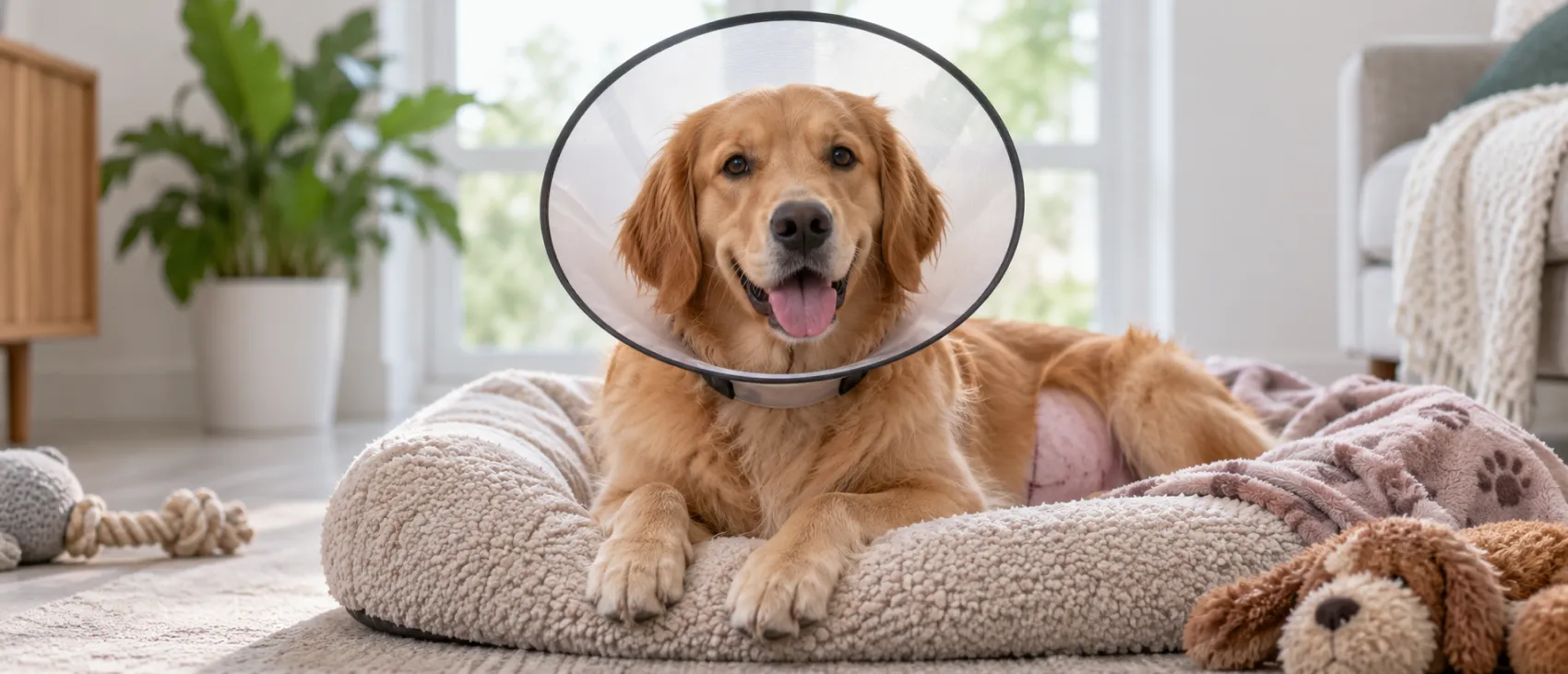 يقوم الطبيب البيطري بإجراء فحص صحي شامل على الكلب، ويستعد لإجراء عملية التعقيم، ومن ثم يرتدي الكلب مخروطًا للحماية أثناء فترة التعافي بعد العملية. يتم الاهتمام بصحة الكلب لضمان الشفاء الكامل وسير العملية بسلاسة.