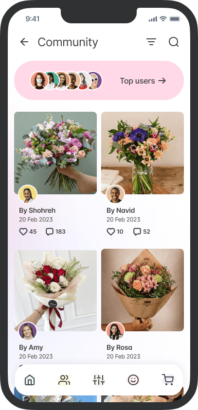 Smartphone screen showing a flower selection catalog in a bouquet-building mobile application.