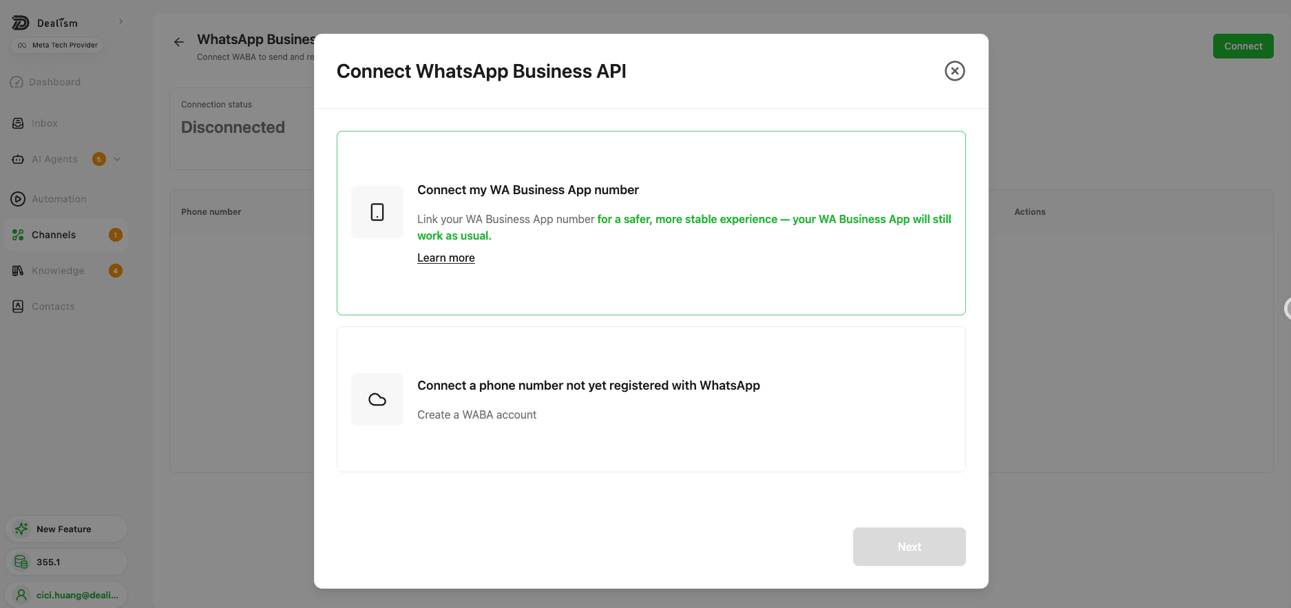 WhatsApp Business API dialog with Coexistence and new WABA number options.