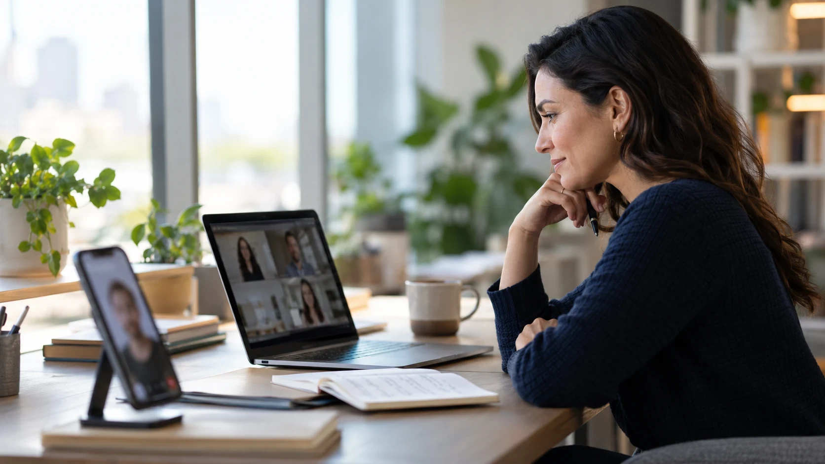 Talent acquisition professional reviewing asynchronous candidate video interviews on a laptop.
