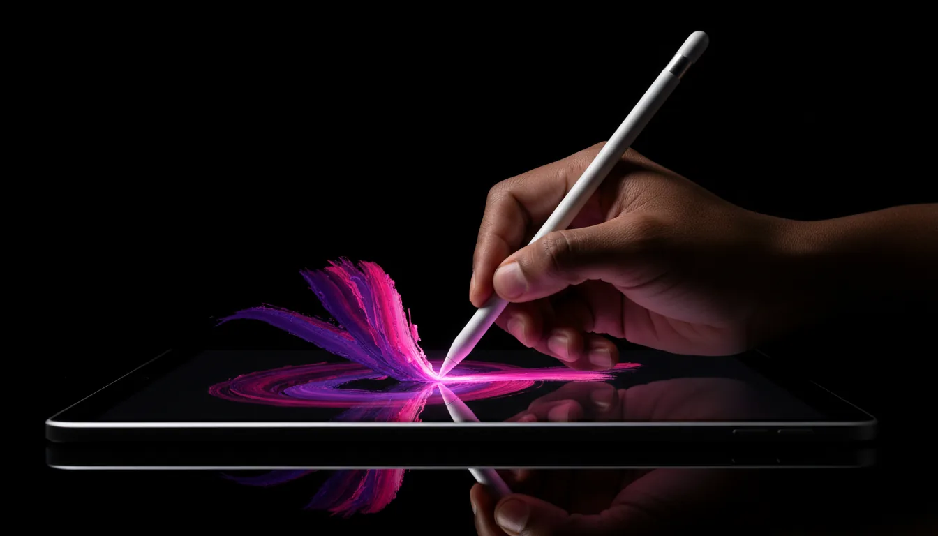 High-end product photography, DSLR close-up of a dark-skinned hand holding a white Apple Pencil Pro, drawing expressive, glowing digital paint strokes onto the dark, reflective screen of an iPad. The abstract brush strokes are a vibrant mix of purple, magenta, and pink, with visible texture and a subtle glow. The scene is illuminated with cinematic contrast lighting against a pure black background, casting deep shadows and highlighting the detailed skin texture. The tip of the pencil glows with a soft pink light. Sharp focus, ultra-detailed.
