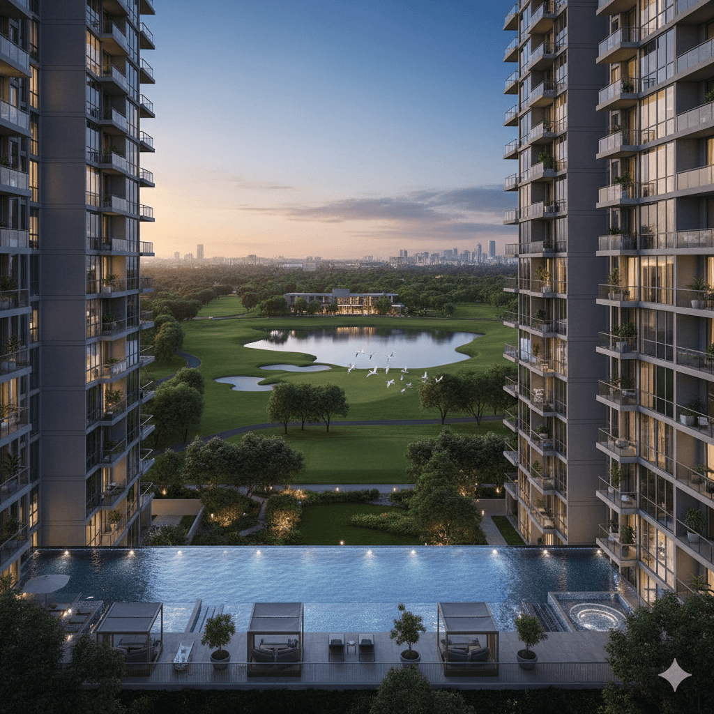 Aerial view of M3M Sector 94 homes next to the Okhla Bird Sanctuary, emphasizing greenery and nature.