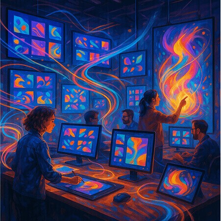 Creative team working in a digital art studio with vibrant flowing colors, using AI to generate colorful abstract patterns displayed on multiple screens.