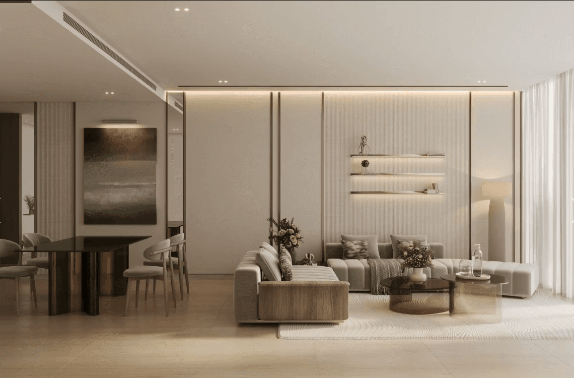 Living area overlooking the Burj Khalifa; secure a view-oriented apartment at Binghatti Titania.