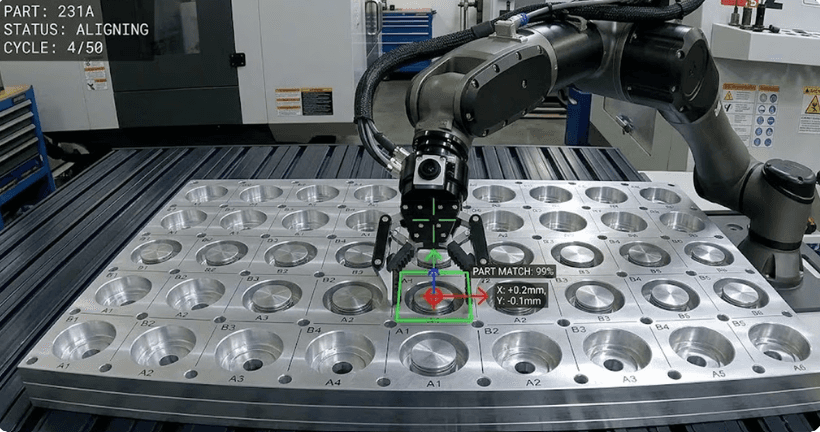 Vision system aligning a part in a CNC tray, showing part ID, cycle count, match confidence, and positional offset.