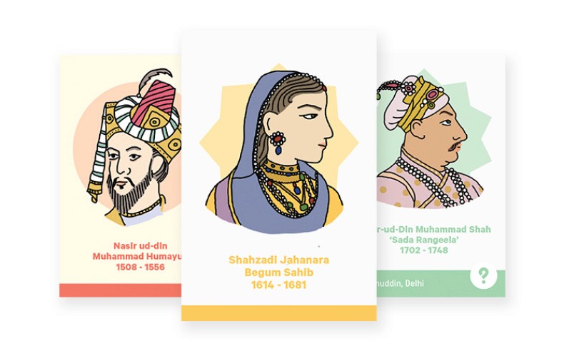 Three illustrated portraits are displayed side by side. The leftmost portrait depicts a man wearing a turban and striped headdress, with text below reading “Nasir ud-din Muhammad Humayun 1508 - 1556”. The center portrait shows a woman wearing a blue headscarf and jewelry, with text below reading “Shahzadi Jahanara Begum Sahib 1614 - 1681”. The rightmost portrait depicts a man wearing a turban and ornate headdress, with text below reading “Sada Rangeela 1702 - 1748”. A question mark icon appears in the bottom right corner of the rightmost portrait.