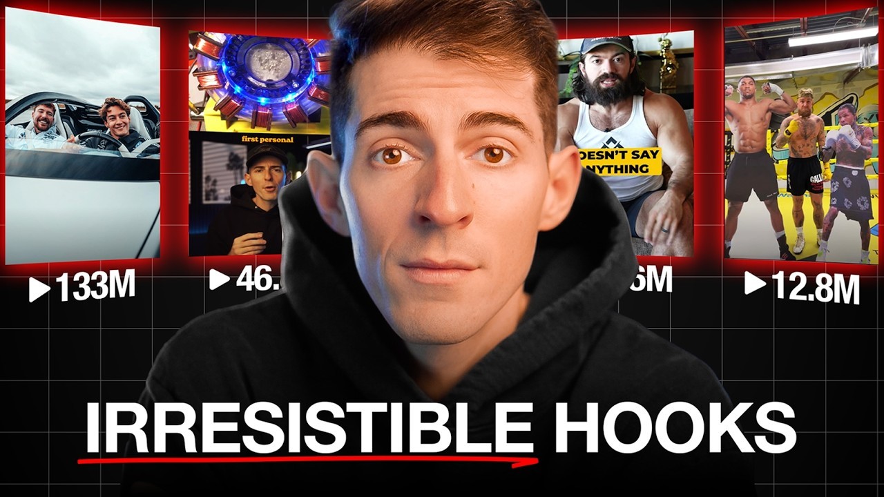 KallawayMarketing-style hook system thumbnail with creator, viral cards, red grid background, and big headline