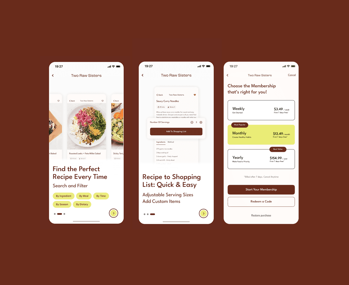 Screen examples of the TRS app