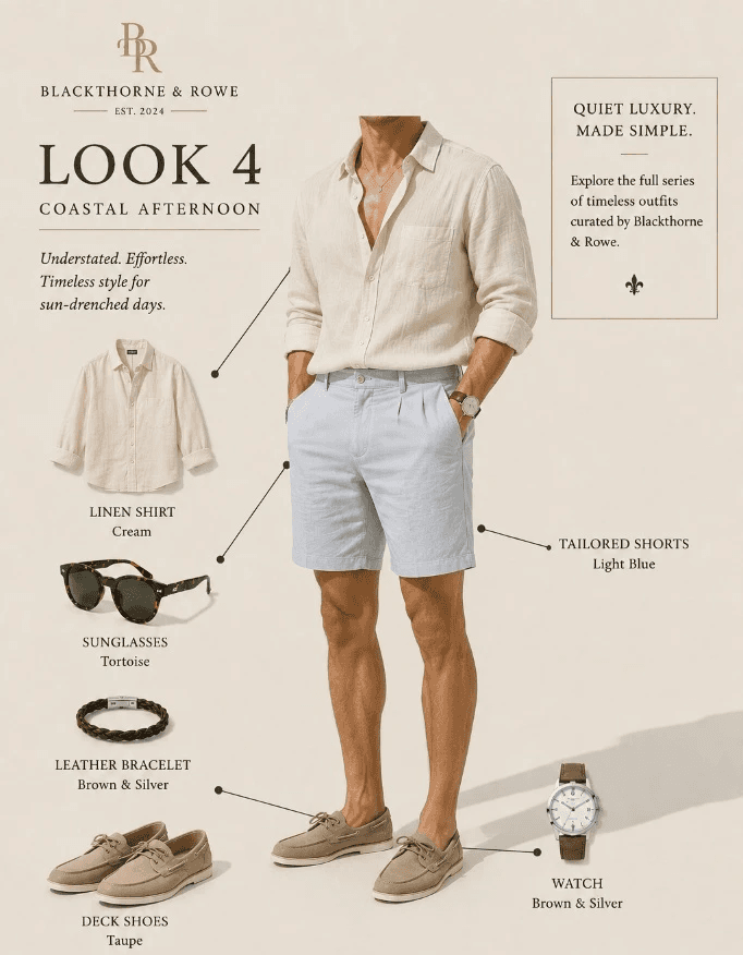 A style guide infographic from Blackthorne & Rowe titled "LOOK 4: COASTAL AFTERNOON." The center displays a man modeling a relaxed, upscale beach outfit featuring an unbuttoned cream linen shirt with rolled-up sleeves and pleated light blue tailored shorts, paired with taupe deck shoes. Product callouts with thin black lines identify individual items: a linen shirt in "Cream", tortoise-shell sunglasses, a braided leather bracelet in "Brown & Silver", taupe deck shoes, tailored shorts in "Light Blue", and a classic watch with a brown leather strap and silver case. The top right corner features a box reading "QUIET LUXURY. MADE SIMPLE."
