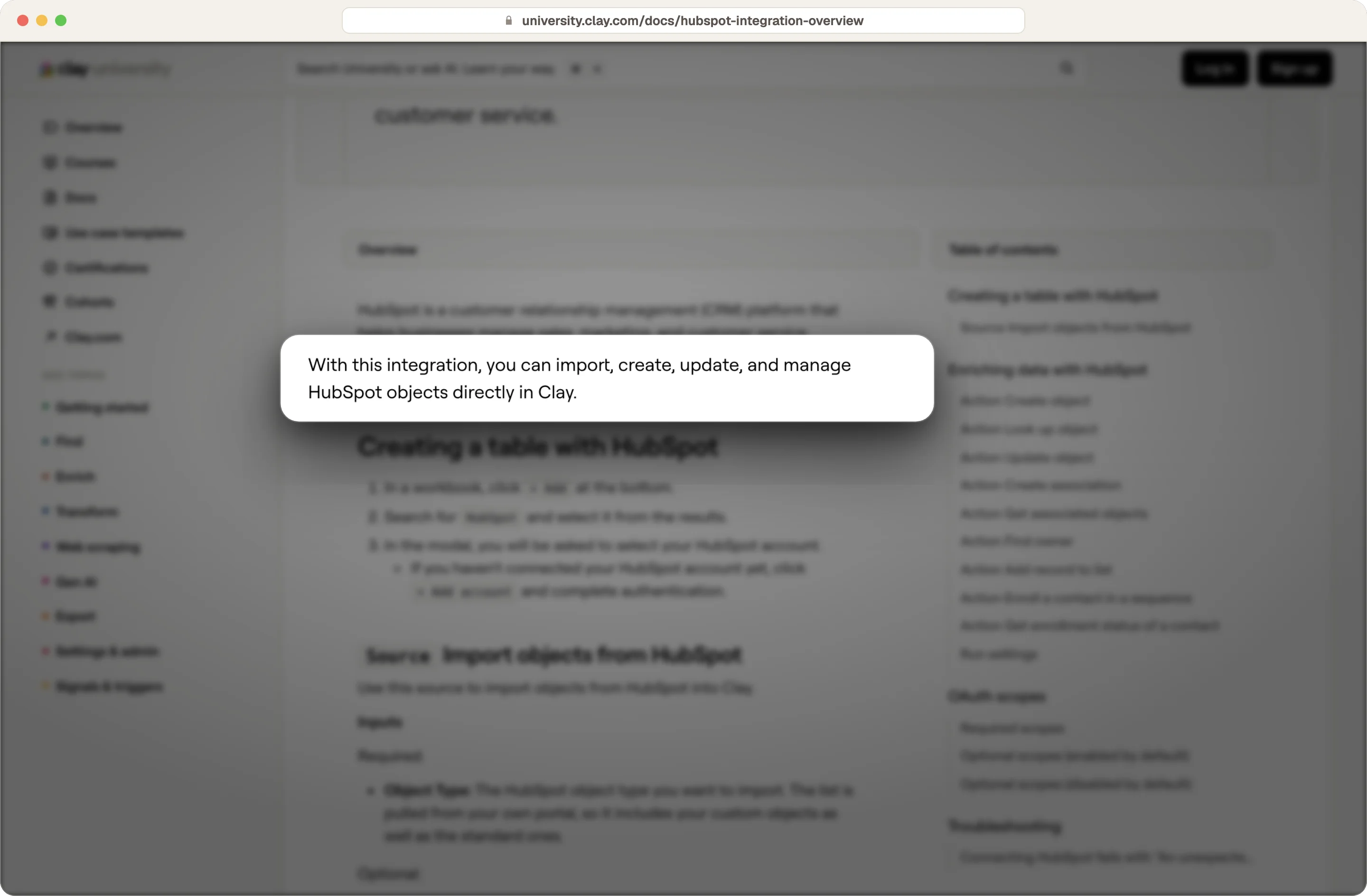 Clay documentation stating its HubSpot integration can import, create, update and manage HubSpot objects in Clay