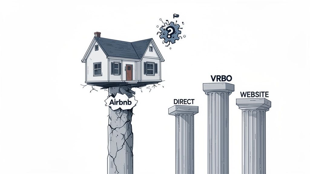 House on crumbling Airbnb pillar, with stable Direct, VRBO, and Website pillars nearby, illustrating booking risks.