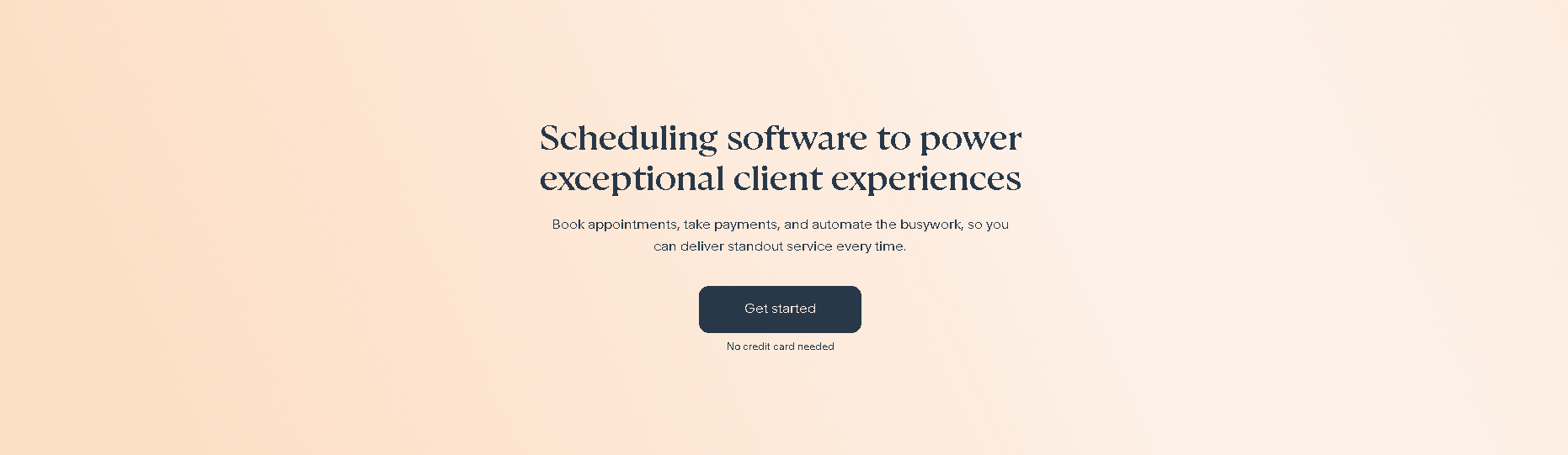 Acuity Scheduling homepage banner featuring the headline "Scheduling software to power exceptional client experiences" with a "Get started" button.
