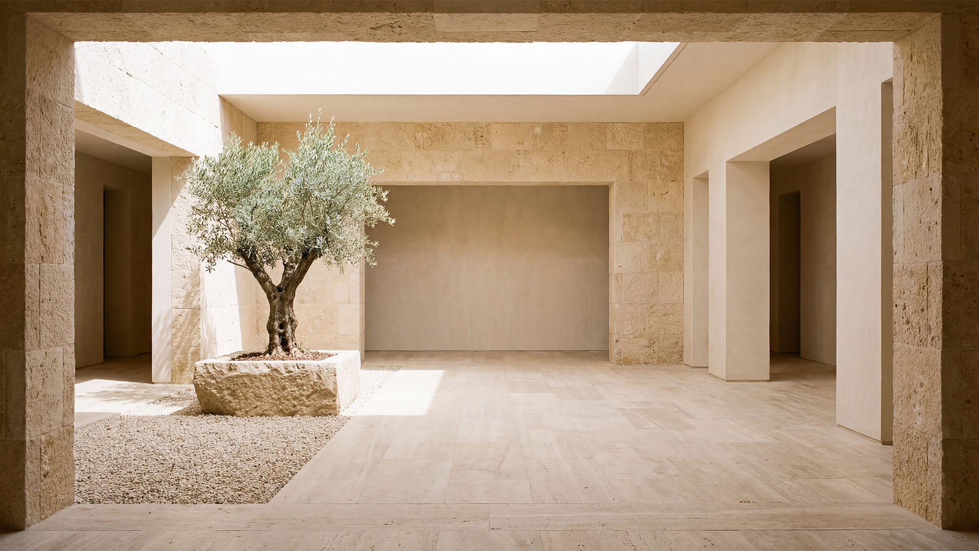 Minimalist Marbella villa courtyard with olive tree and natural stone architecture