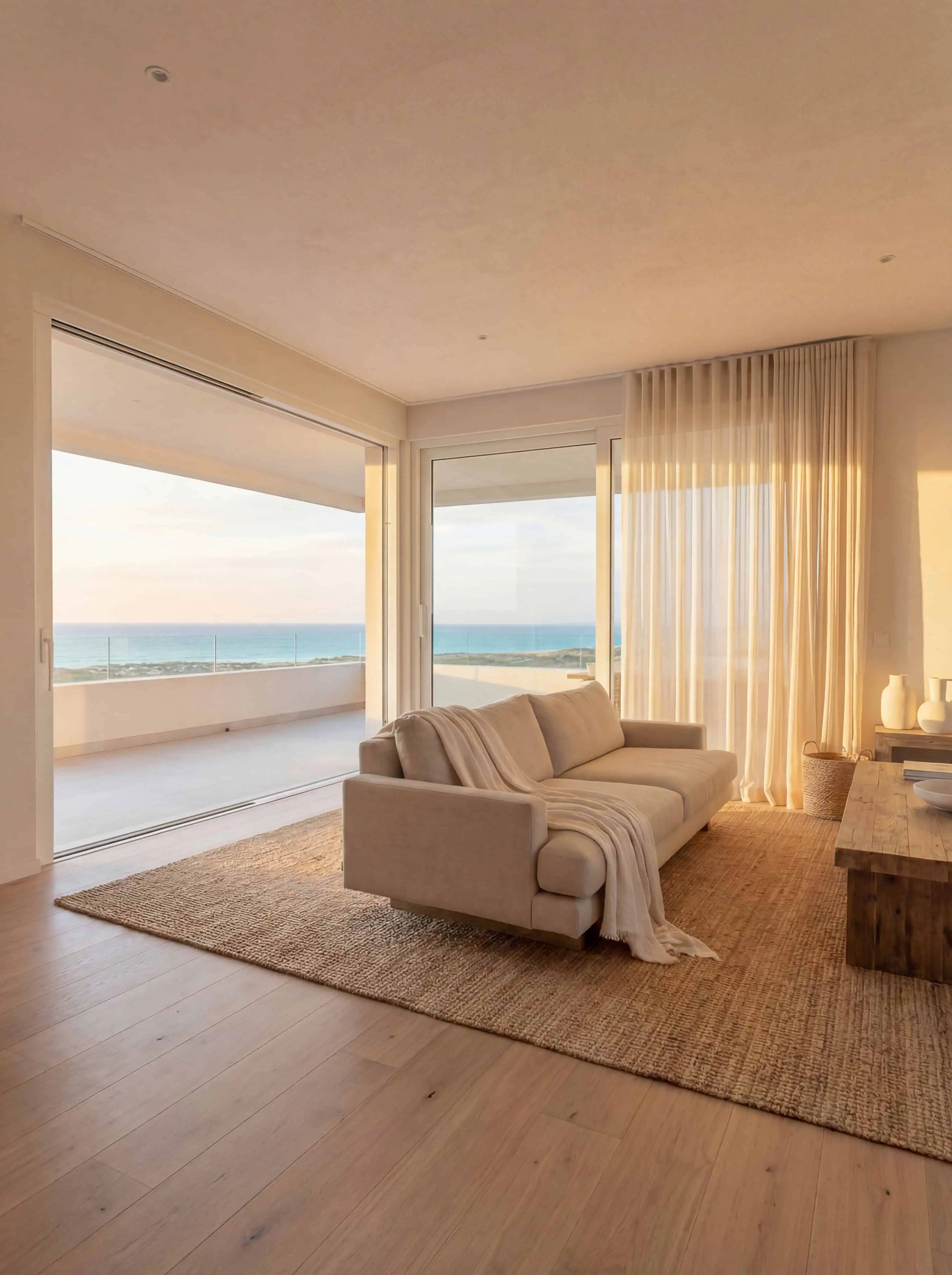 Sunlit coastal living room with ocean view and private balcony, ready for a relaxing beach stay