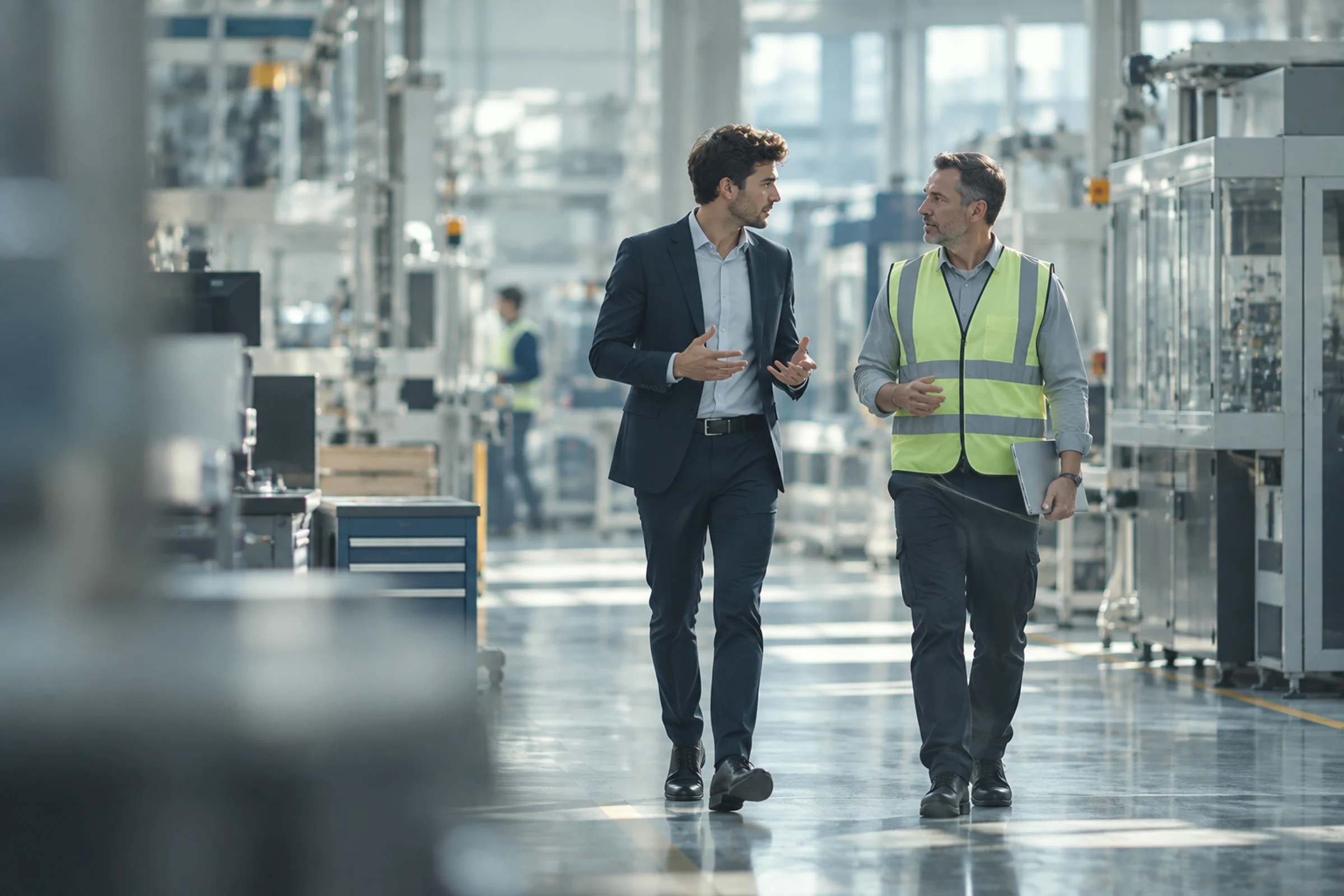A consultant and a plant manager in a hi-vis vest walking through a factory