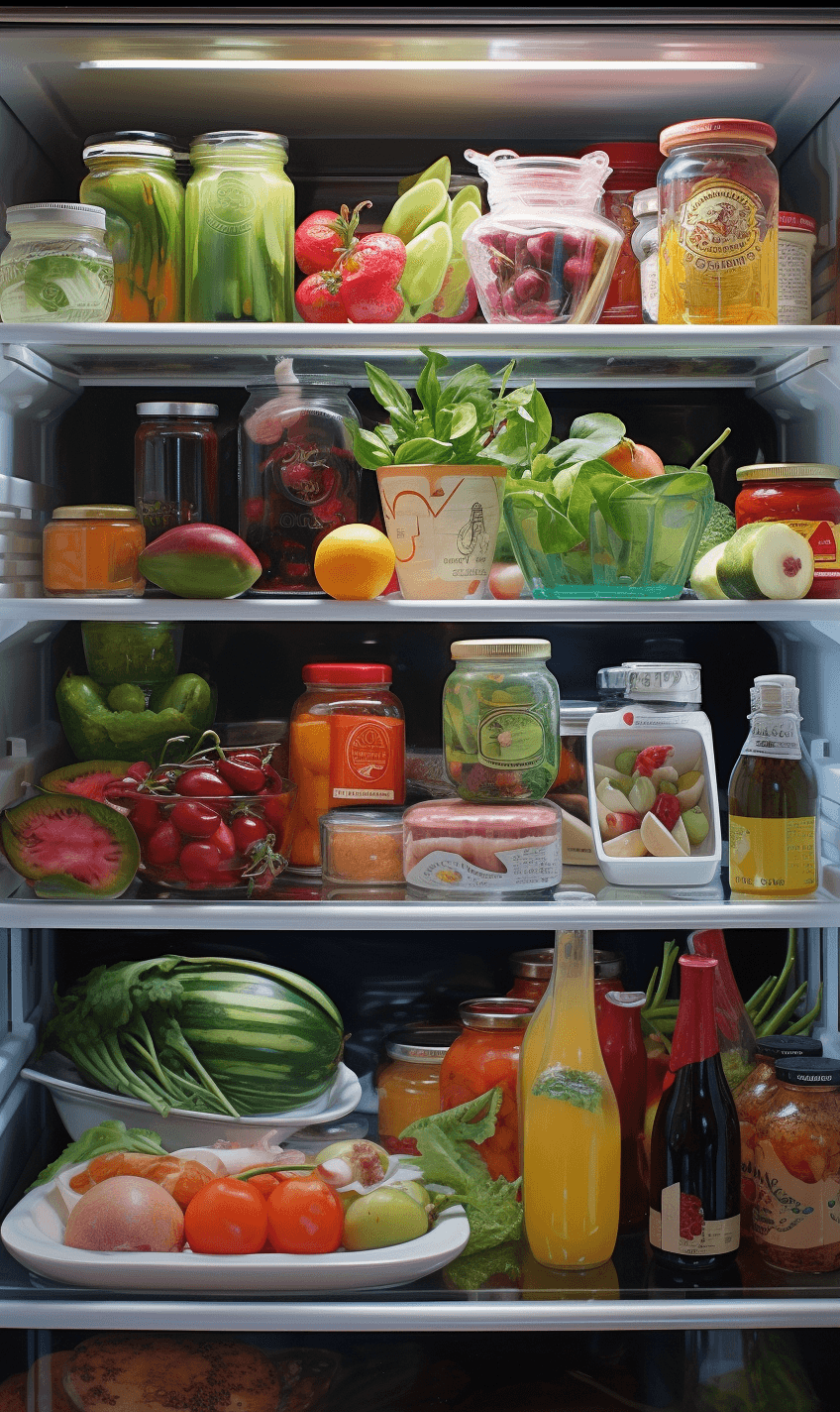 A well-stocked refrigerator filled with colorful fruits, vegetables, and various jars and bottles of condiments.