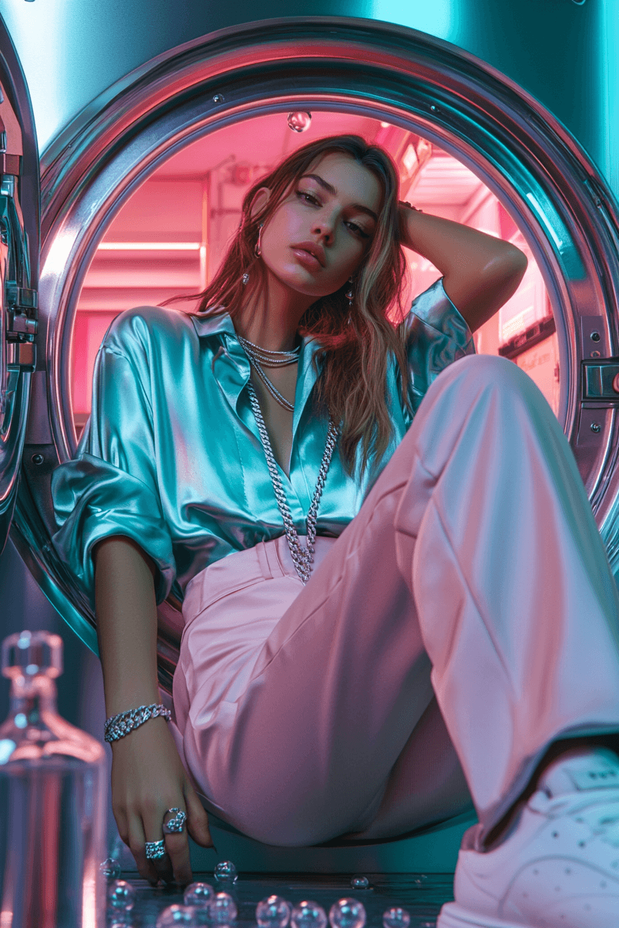 A woman in a metallic teal shirt and pink satin pants posing inside a glowing washing machine drum