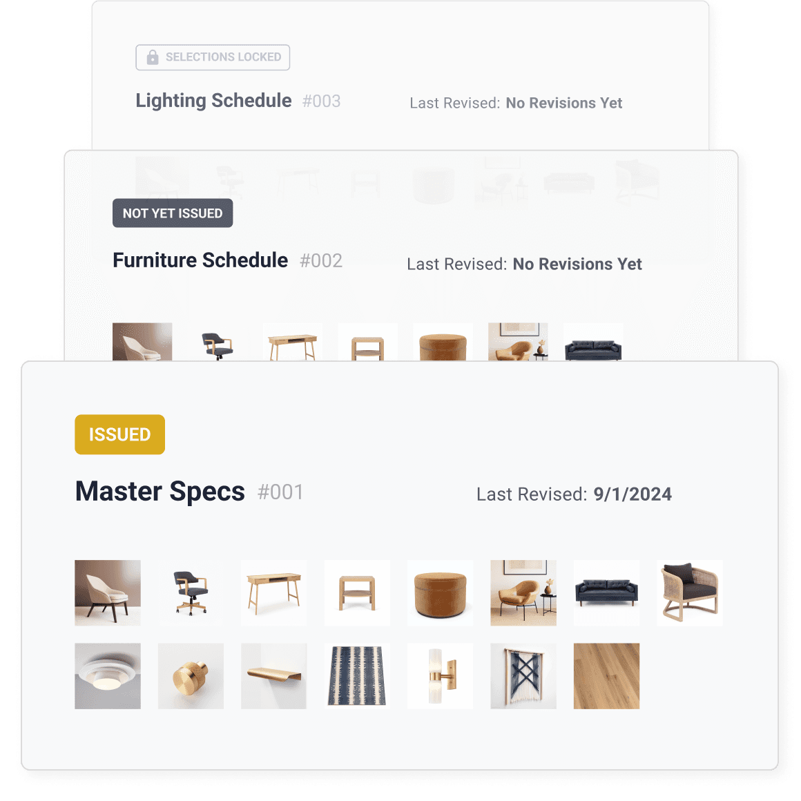 A graphic illustrating the concept of "Collections" in Gather, which are groups of specifications such as "Master Specs", "Furniture Schedule", and "Lighting Schedule".