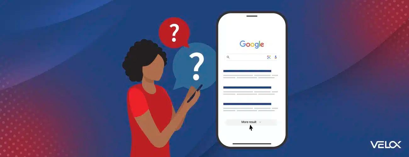 A woman character looking at her mobile phone with another zoomed phone displaying the Google search page