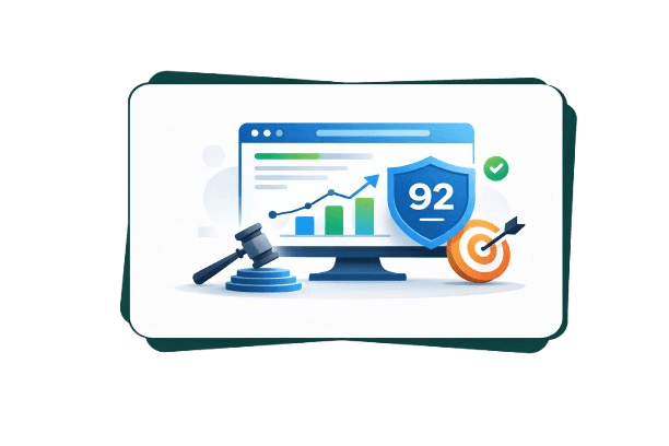 Illustration of a Moz spam score analysis showing warning icons, flagged emails, and a percentage score on a dashboard within a floating card.