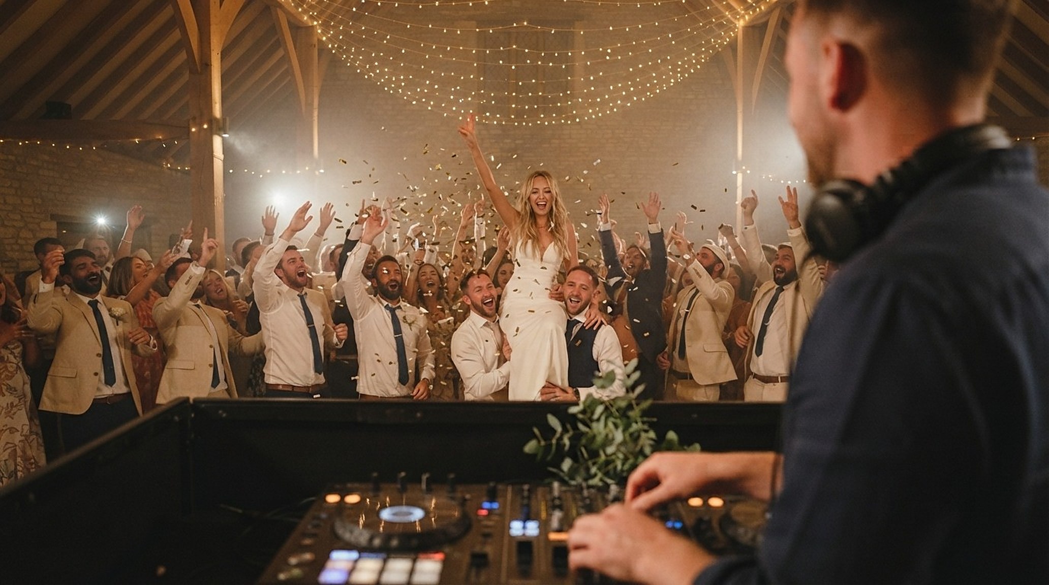 The view from behind the DJ decks over a packed dance floor