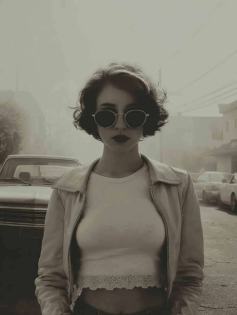 A stylish woman with short wavy hair, dark lipstick, and round sunglasses stands confidently in a foggy street, wearing a cropped lace-trimmed top and a leather jacket. The atmosphere is cinematic and vintage-inspired.