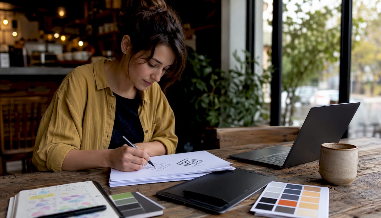Designer working on visual brand identity sketches