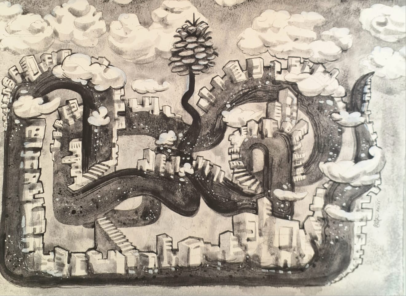 herd of sheep on road painting