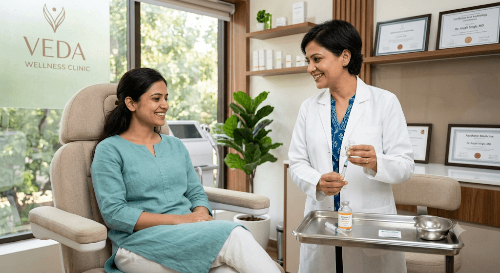 A medium shot in a brightly lit, modern aesthetic wellness clinic. An Indian dermatologist in a pristine white coat is preparing a vitamin injection, smiling reassuringly at a relaxed Indian patient seated in a plush clinical chair. The atmosphere conveys trust, holistic health, and proactive wellness care.