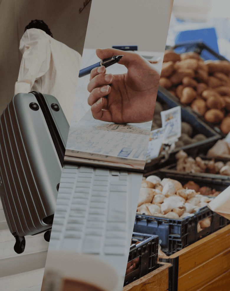 A collage of various elements related to grocery shopping and food preparation, including a hand writing on a paper, a suitcase or luggage, and different types of produce such as potatoes and onions.