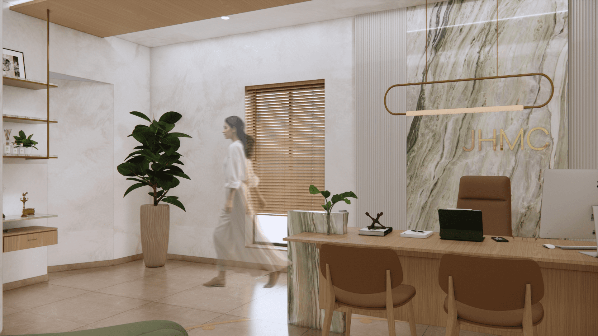 Futura + JHMC, P. Velur – Office cabin with stone feature wall and warm wood finishes, designed by Rooted Narratives, Bengaluru.