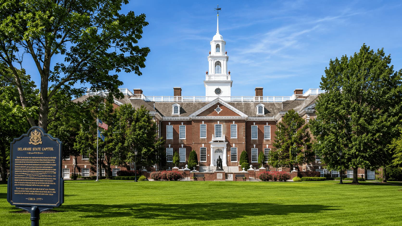 Delaware State Capitol in Dover with green lawn and trees in front