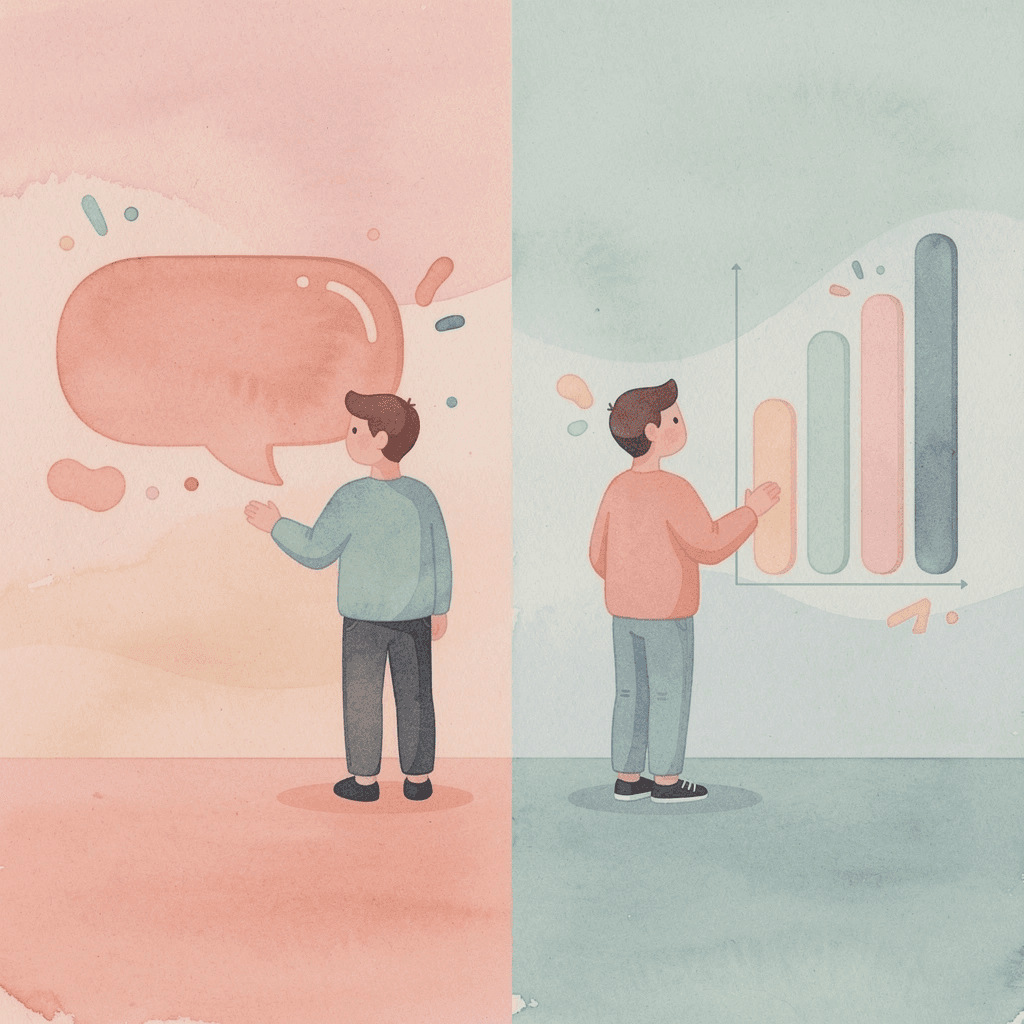 Split scene showing structured app learning versus human conversation practice