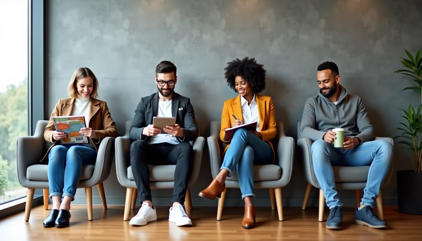 Four people sitting in a line of chairs that appears to be an interview waiting line. 