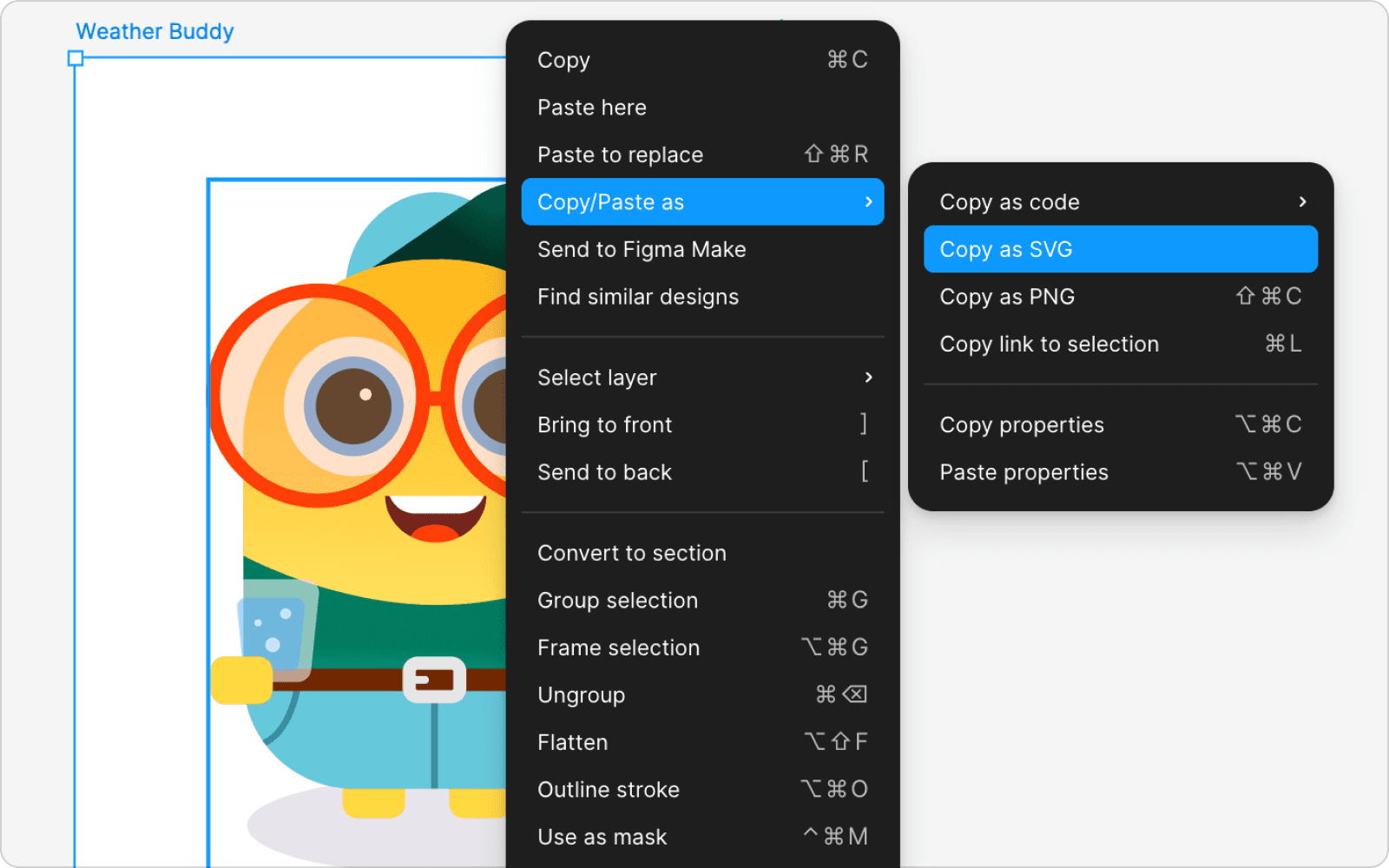 Figma right-click context menu showing Copy as PNG and Copy as SVG options
