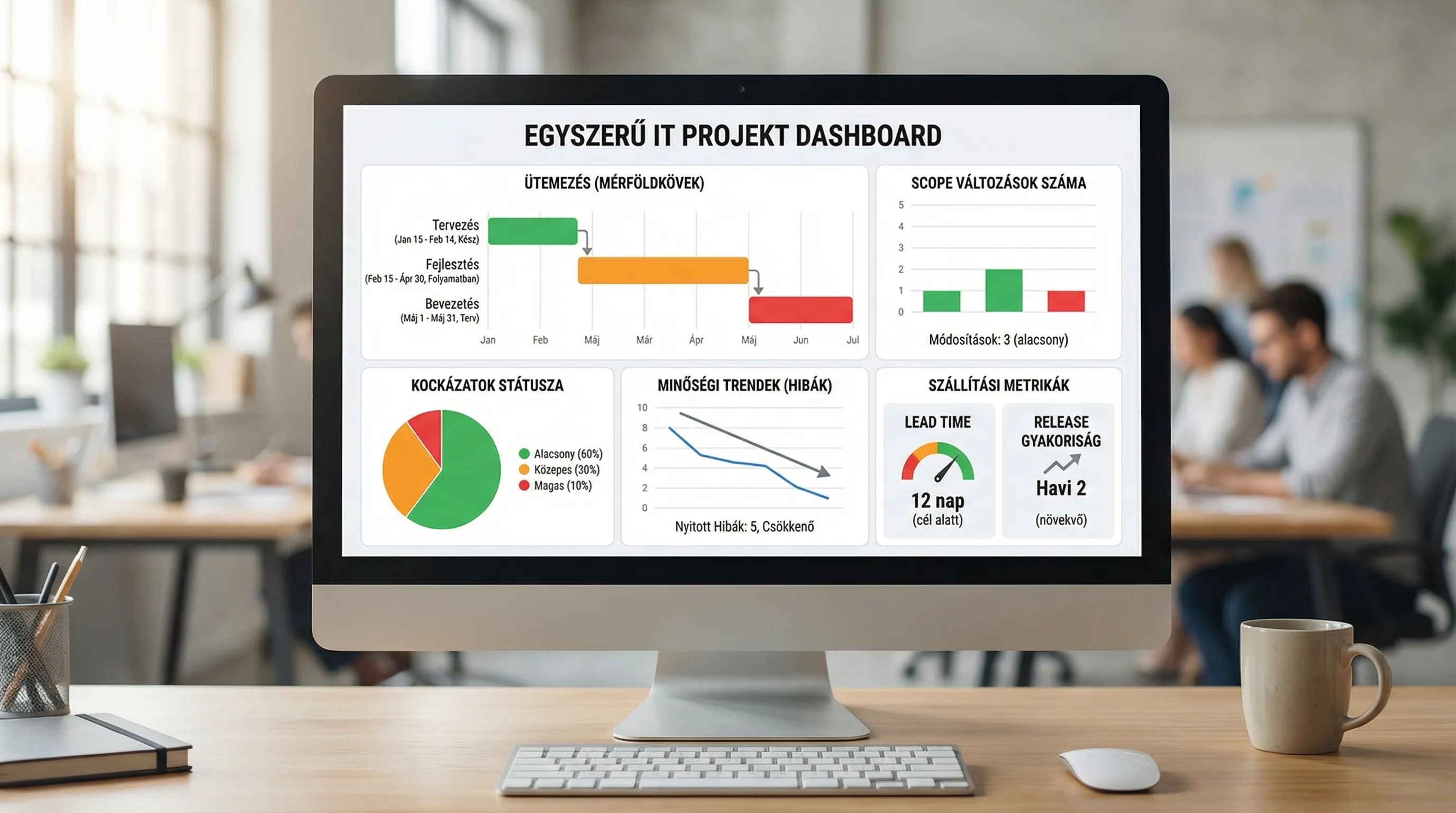 Egyszerű IT projekt dashboard: ütemezés (mérföldkövek), scope változások száma, kockázatok státusza, minőségi trendek (hibák), és szállítási metrikák (lead time, release gyakoriság).