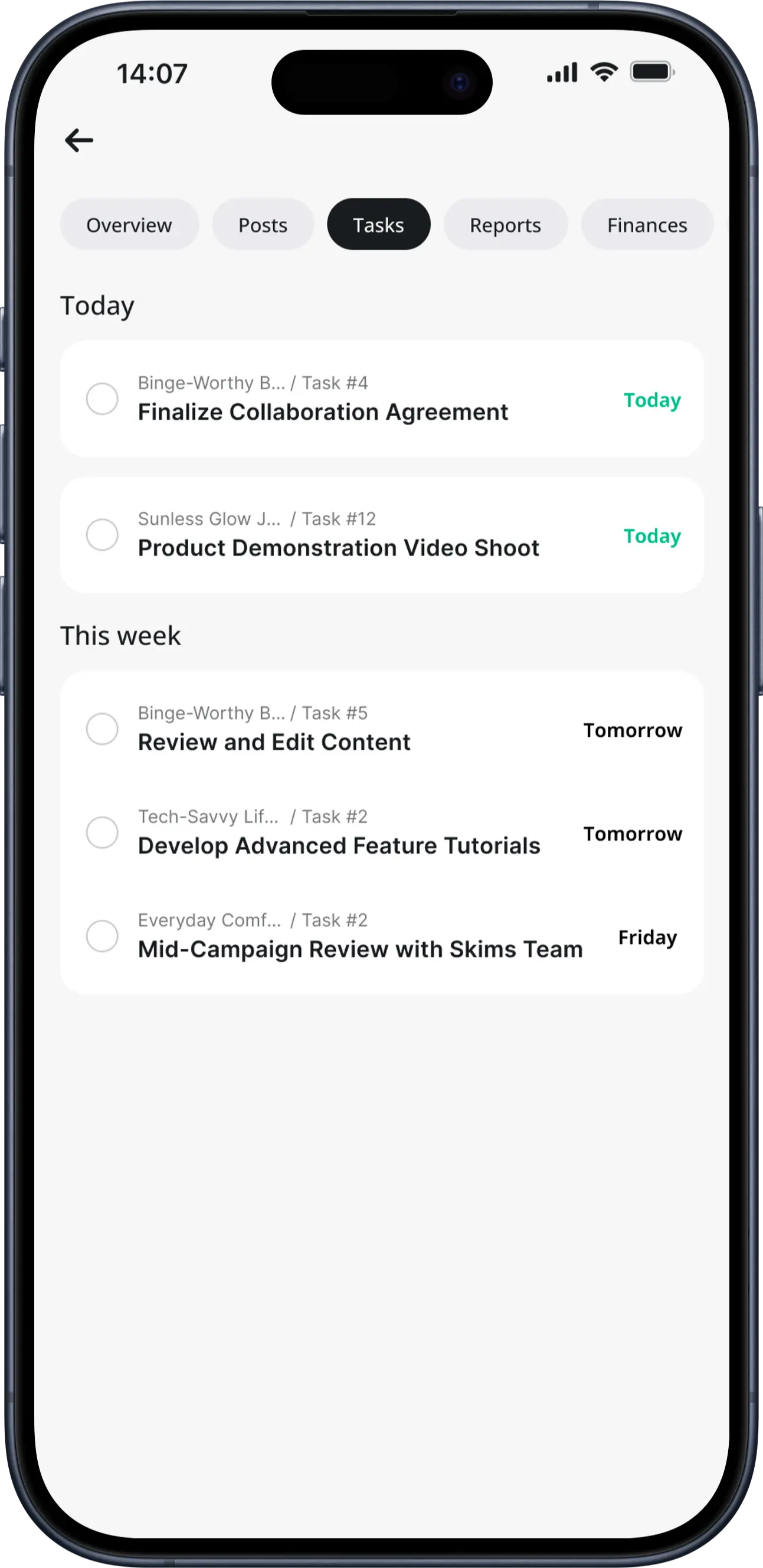 Screenshot of Tasks Feature in Lydia App