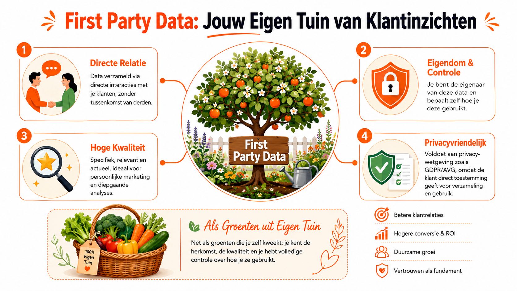Een informatieve infographic die de voordelen van first-party data vergelijkt met een tuin vol klantinzichten.