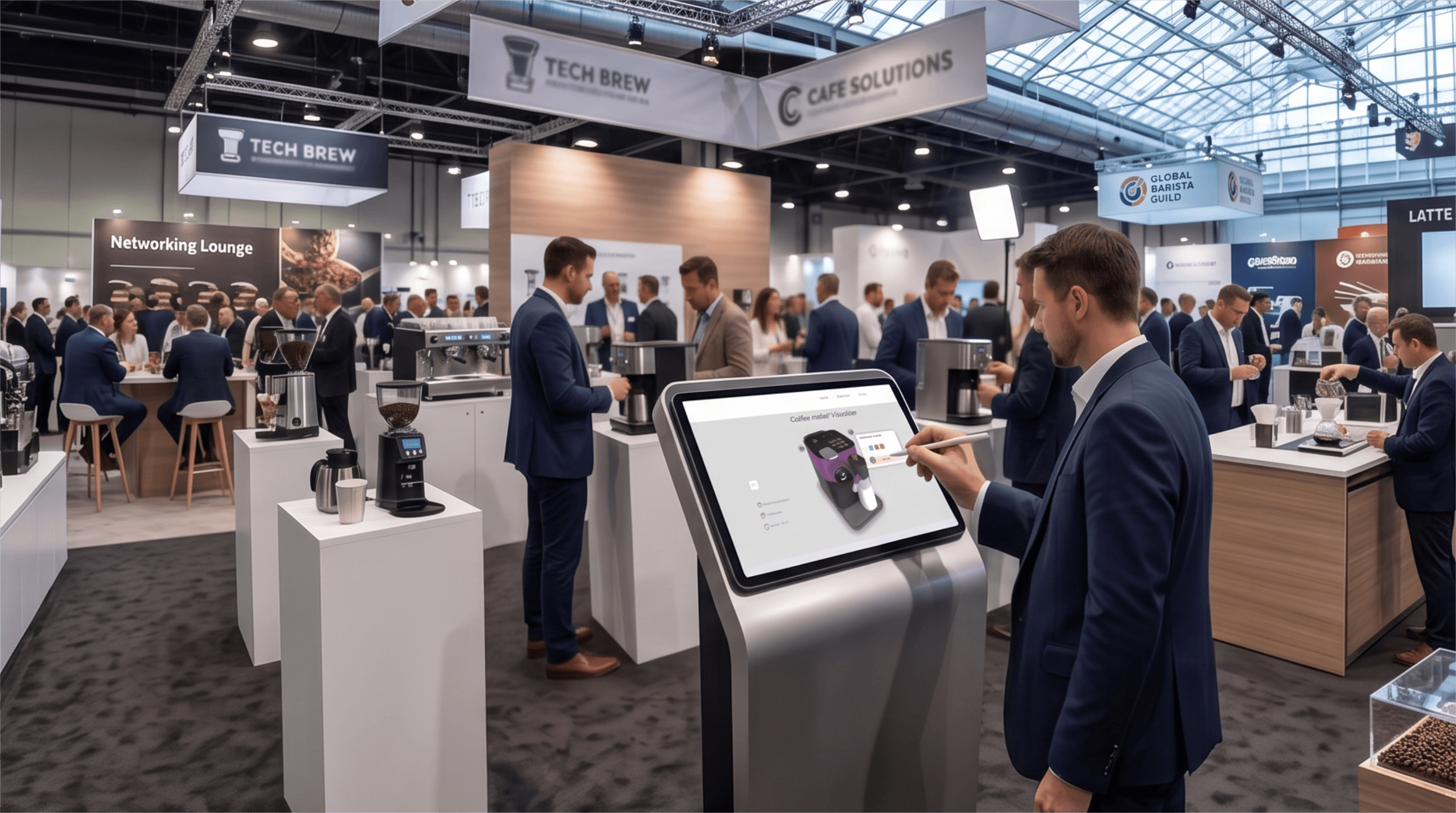 Coffee maker 3D product visualization on touch kiosk at a coffee industry trade