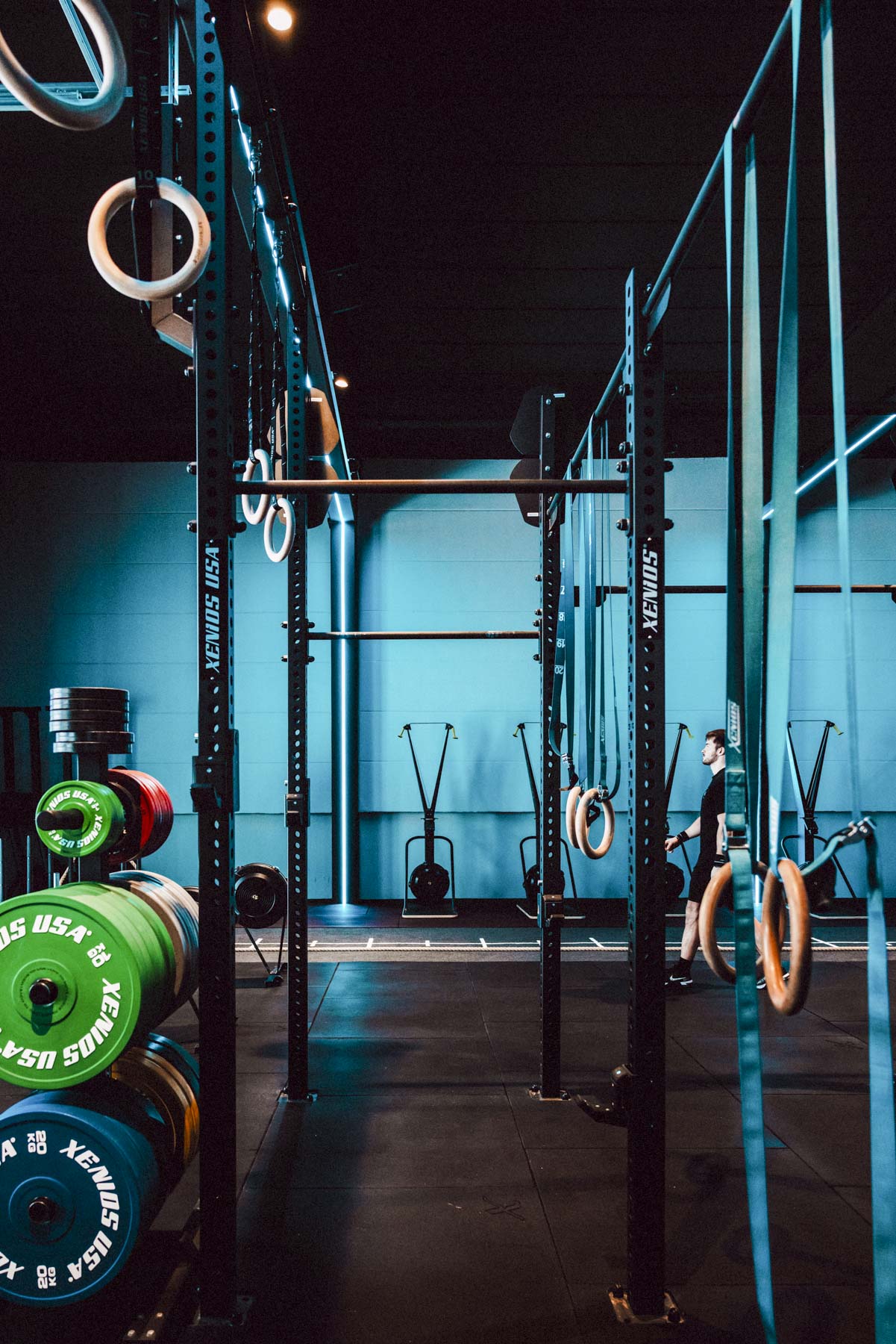 Squat Racks mit Bumper Plates und Gymnastikringen im Trainingsbereich von The Factory Fulda.