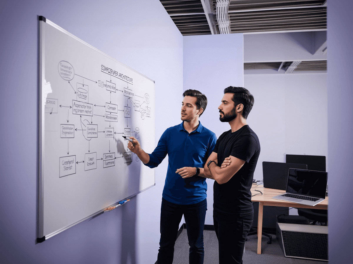 Image of two people discussing